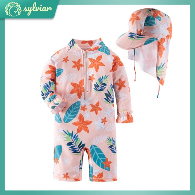 Bộ Đồ Bơi 2 Mảnh Dài Tay Họa Tiết Hoa Lá Xinh Xắn Cho Bé Gái