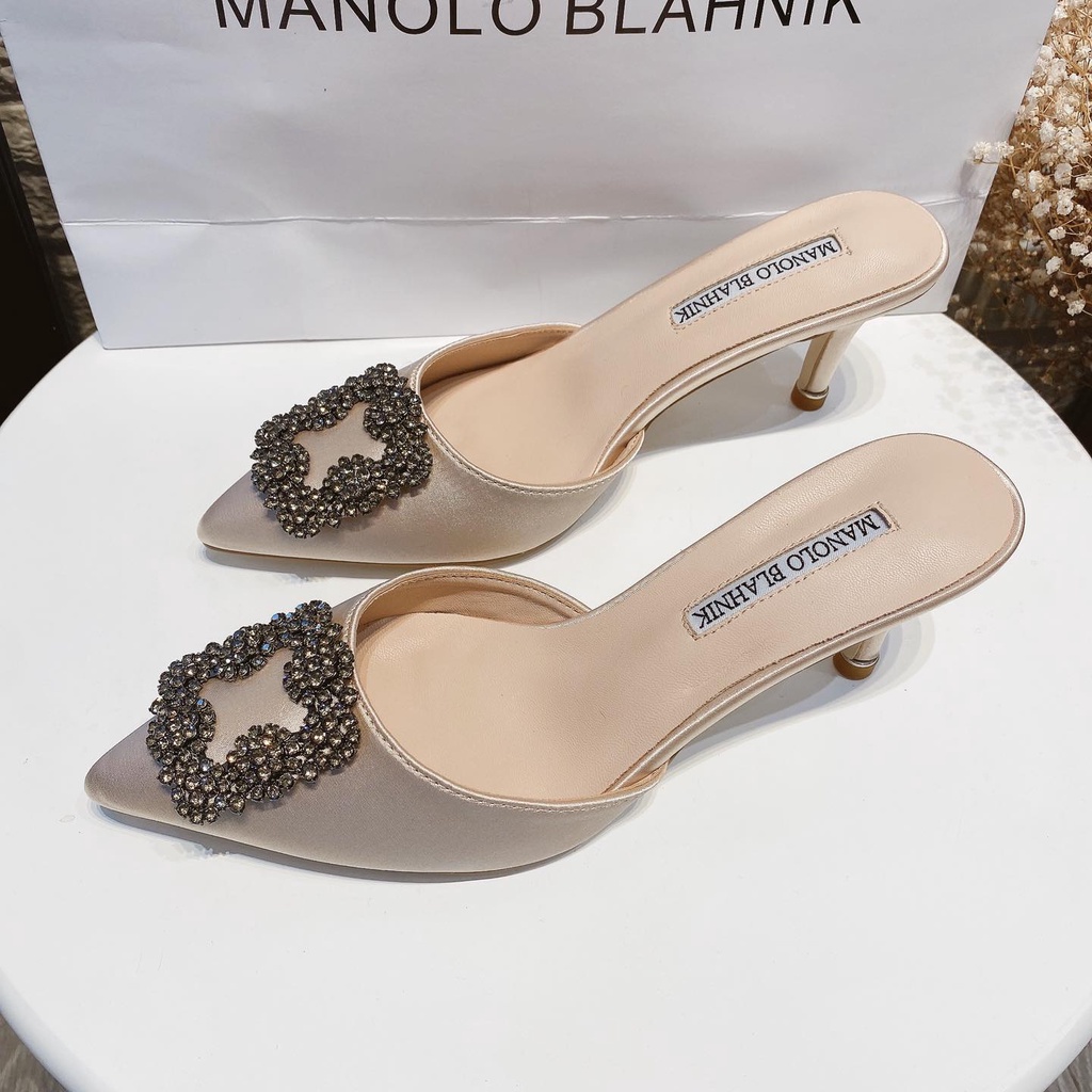 Sục mũi nhọn nơ đá 5cm OSHO, gót nhọn sang chảnh, chất lụa cao cấp êm chân phom chuẩn