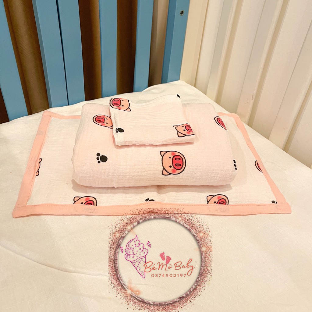 Bộ chăn gối cho bé xô Muslin hoa tiết heo hồng