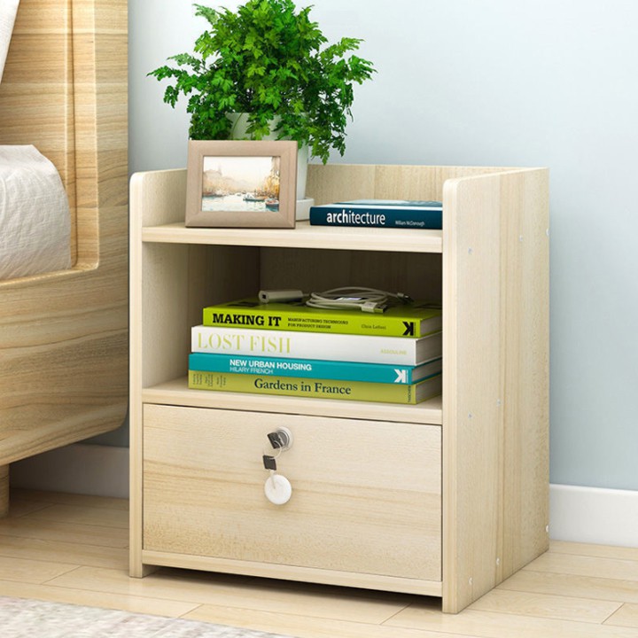 Tủ đầu giường có khóa, kệ để đồ trang điểm, tab để đèn ngủ đầu giường chất liệu gỗ kích thước 33*26*47,5cm