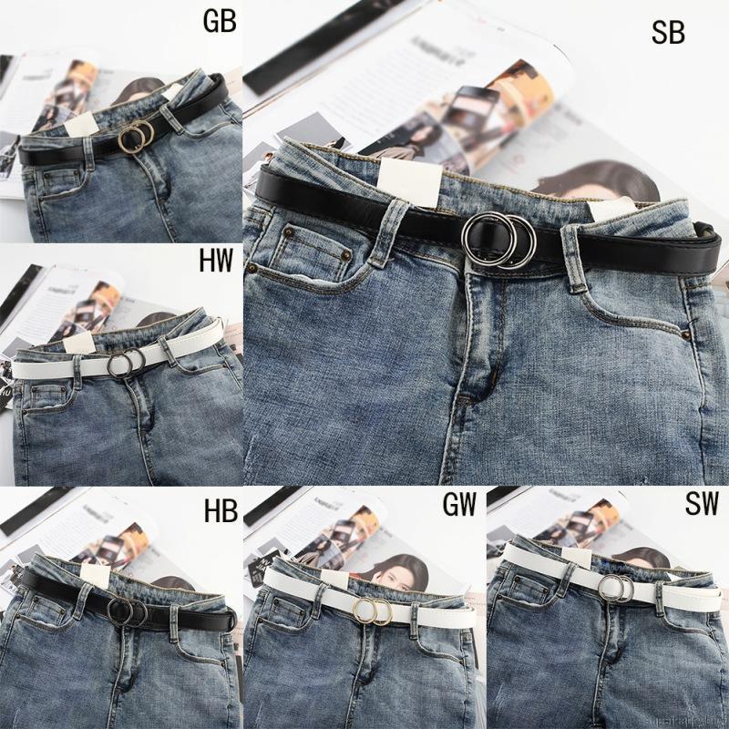 Thắt lưng da PU thời trang cho nữ với khóa kim loại hình 2 vòng tròn