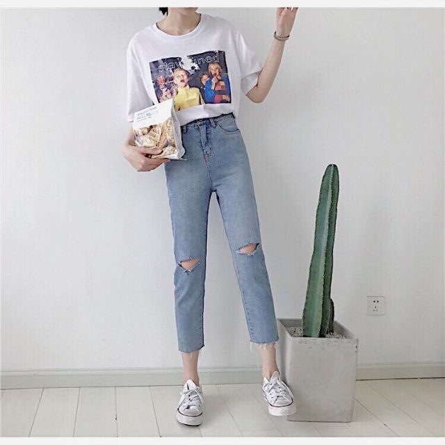 Quần Baggy Trơn Boyfriend rách gối ảnh thật cuối