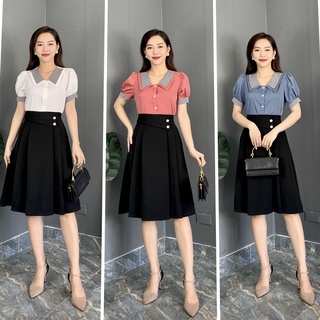 Áo sơ mi lụa phối caro + Chân váy đen xòe cúc eo - sét đồ siêu xinh cho các nàng nữ tính