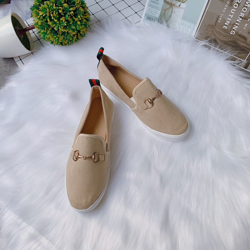 Bán sỉ Giày slip on nữ da lộn gót kẻ Tag khoá 2 màu hot hit -Ảnh thật