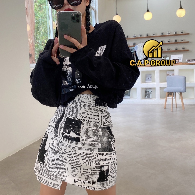 Chân váy nữ ngắn chữ A đẹp lưng cao họa tiết Tờ Báo ngầu Kpop