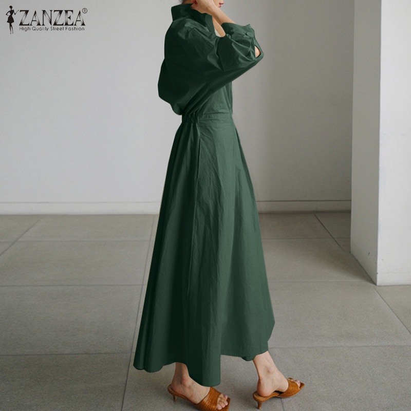 Đầm Maxi ZANZEA Eo Cao Màu Trơn Cổ Bẻ Tay Dài Cho Nữ