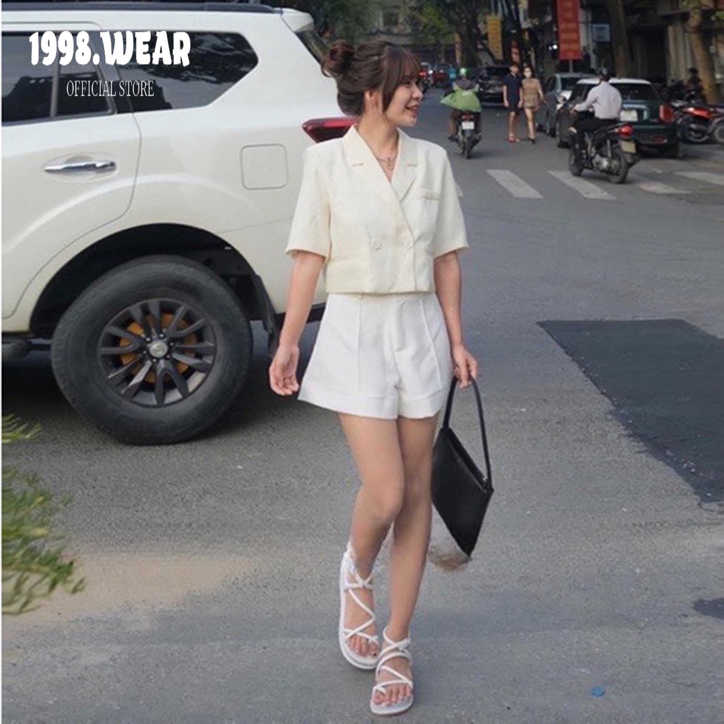 Áo vest tay ngắn hở lưng croptop ,áo sơ mi blazer cổ vets cúc bọc,thanh lịnh dành cho nữ 1998.Wear