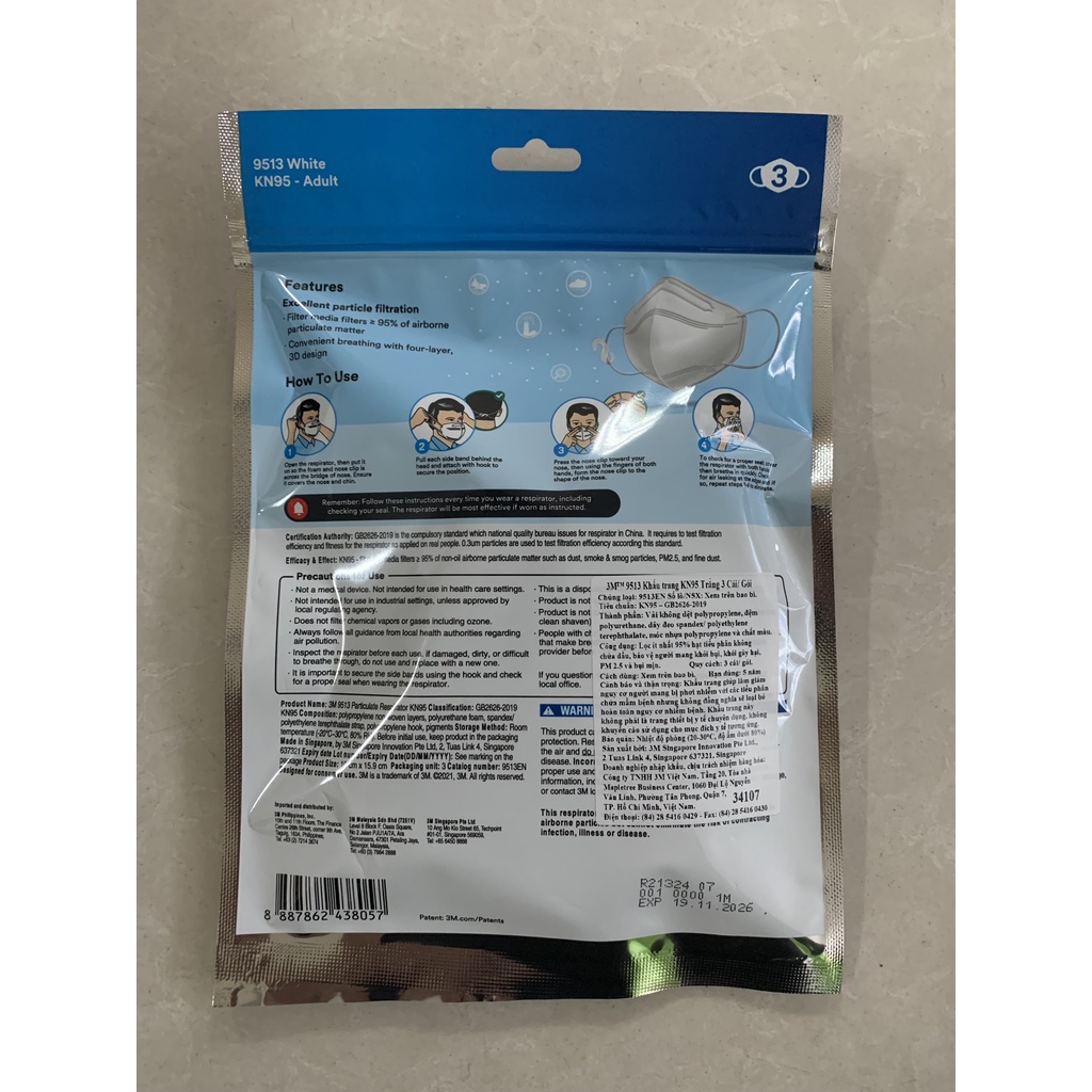 Hộp 45 chiếc khẩu trang chính hãng 3M 9513 KN95 Singapore, màu trắng_Chính hãng Mask3M