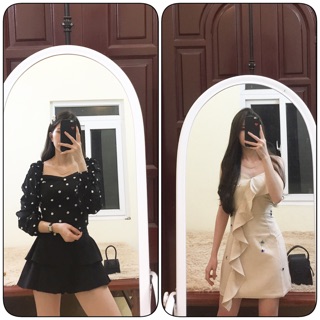 Combo áo chấm bi trễ vai + váy