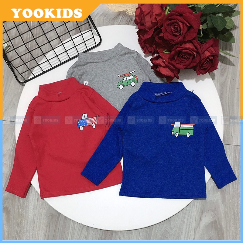 Áo giữ nhiệt cho bé YOOKIDS cổ 3 phân cotton co giãn 4 chiều in hình họa tiết ô tô cần cẩu, Áo giữ nhiệt bé trai bé gái