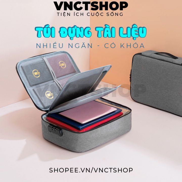 Túi đựng tài liệu đa năng, cặp đựng tài liệu hồ sơ giấy tờ A4 nhiều ngăn có quai xách khoá số