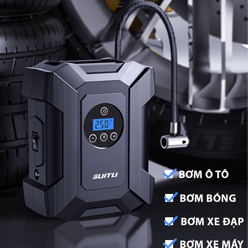 Bơm lốp ô tô Suitu ST-818 nguồn điện 12V có đèn led, chiều dài vòi bơm 35cm, công suất 120W thích hợp bơm ô tô,xe máy