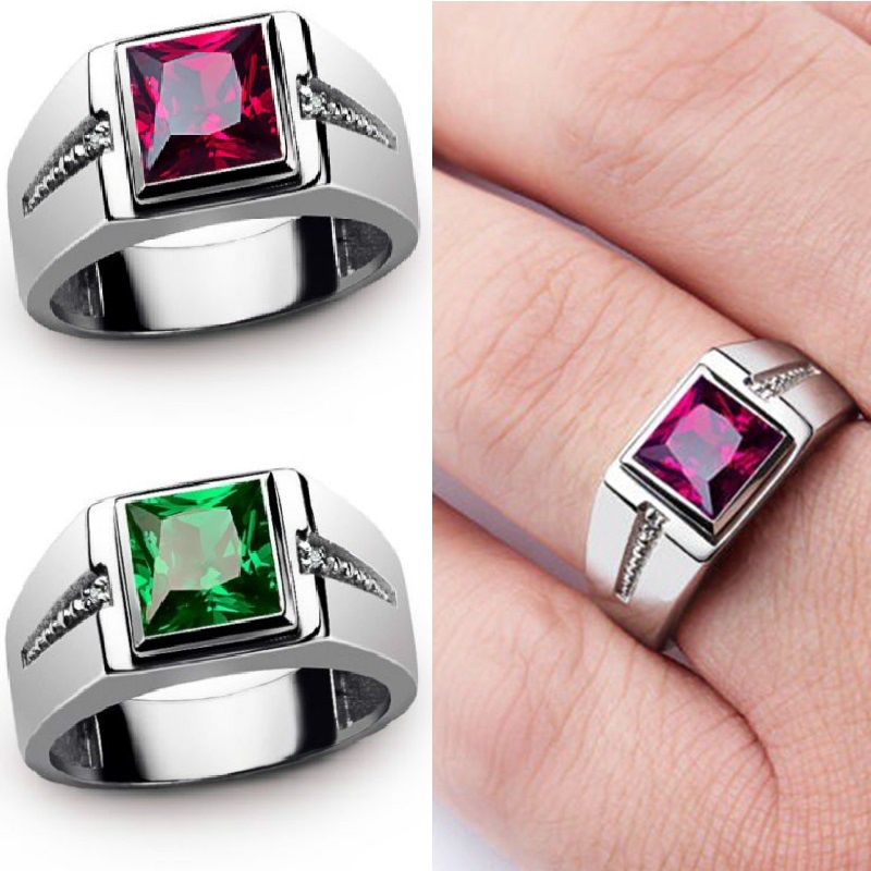 Nhẫn Đính Đá Zircon Màu Đỏ/Xanh Dương Thời Trang Cho Nam