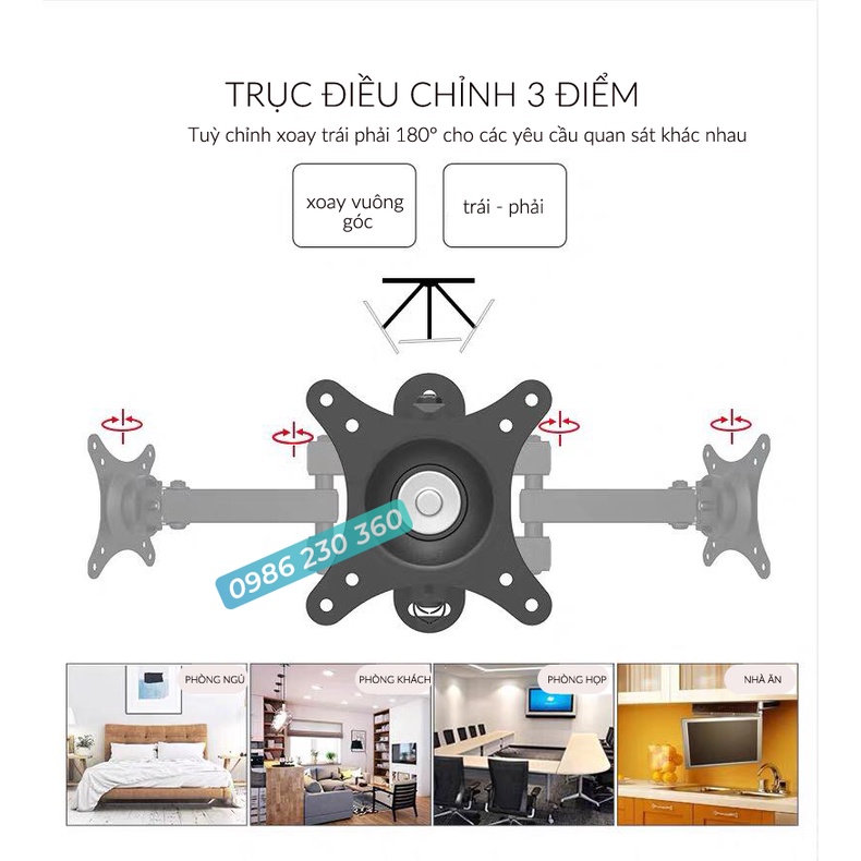 Giá Treo Màn Hình Máy Tính Gắn Tường 17 -  32 Inch Trục Màn Xoay 360độ - Tích Hợp Kẹp Giữ Cable