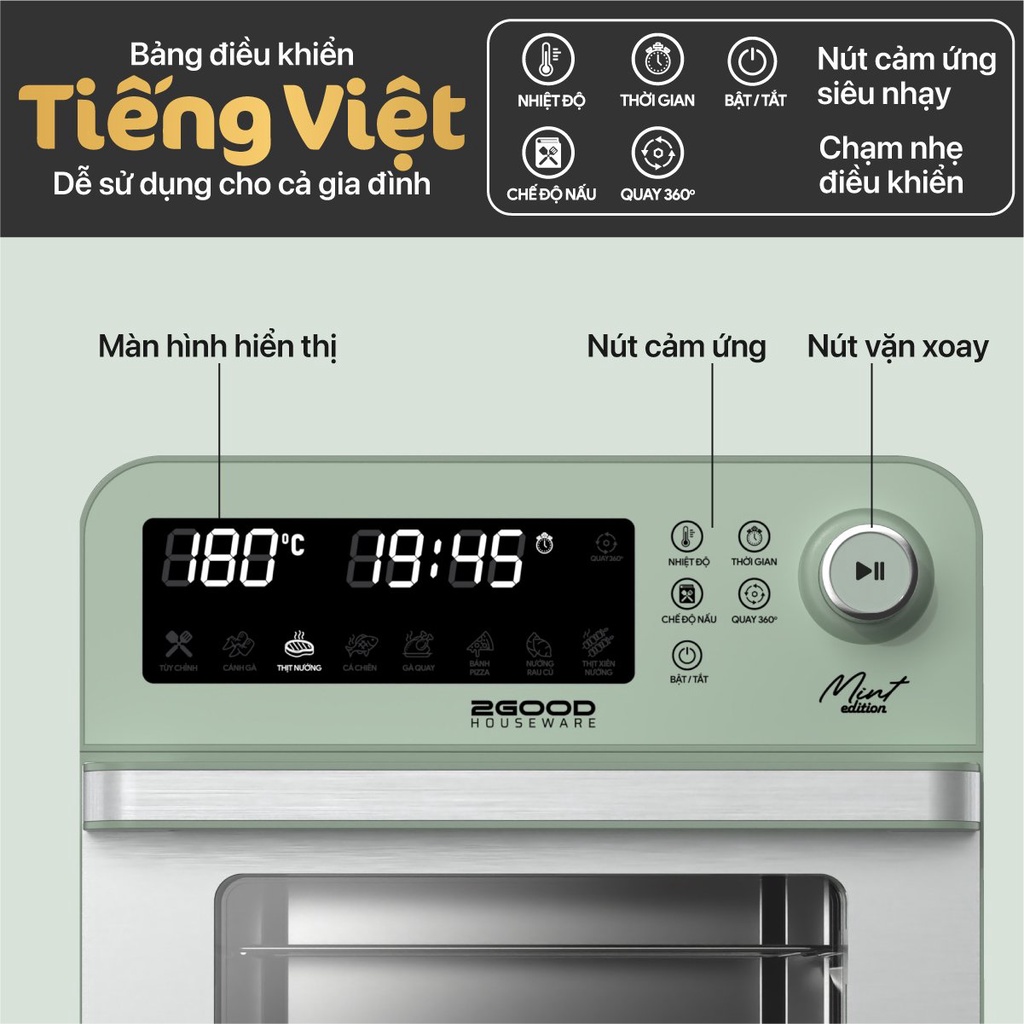 Nồi Chiên Không Dầu 14.5 Lít 2Good S19 Thương Hiệu Malaysia Màn Hình LCD Nút Bấm Cơ Cảm Biến Inox 304