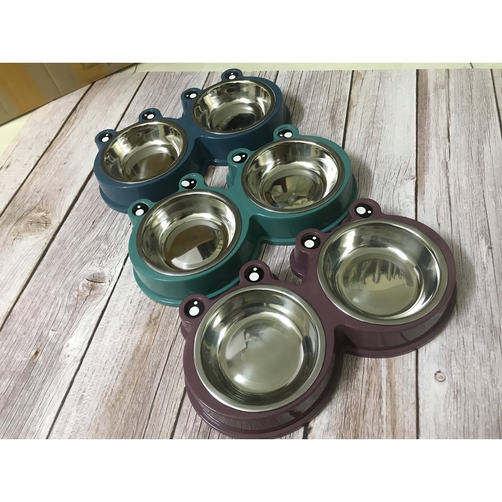Ship hỏa tốc - Bát ăn đôi inox cho thú cưng hình con ếch ngộ nghĩnh, có đế cao su chống trượt