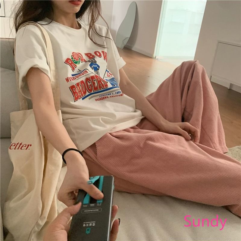 Set Áo Thun Ngắn Tay Cổ Tròn + quần ống rộng Thời Trang Nữ