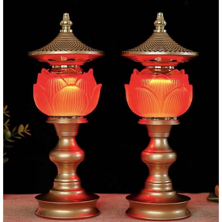 CẶP 2 CÂY ĐÈN LED HOA SEN LƯU LY ĐỎ CAM VÀNG THỜ CÚNG TRANG TRÍ