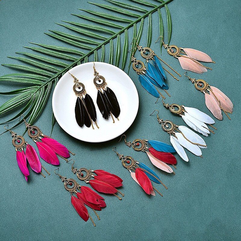 Hoa tai lông vũ khuyên tai boho nữ phong cách cổ điển, dân tộc - Mã HT053