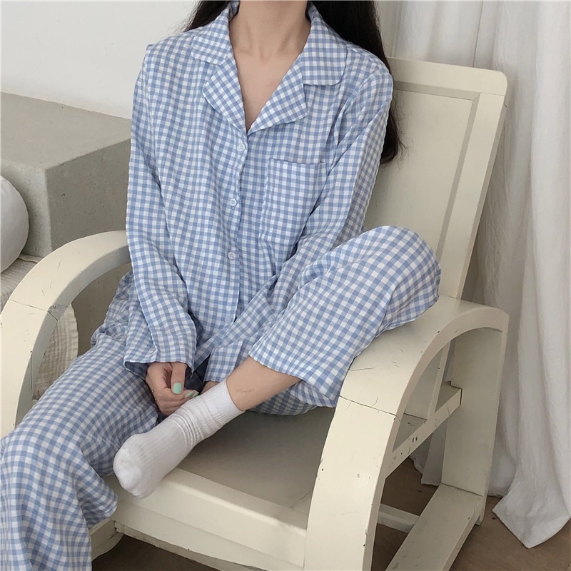 [CÓ SẴN] Đồ ngủ pijama dài tay quần dài kẻ caro hè thu đông Hàn Quốc ullzang dễ thương