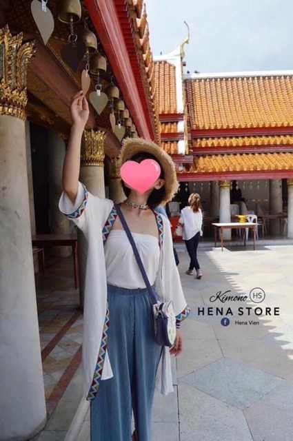 Áo Kimono Viền Thổ Cẩm Trắng-Đen