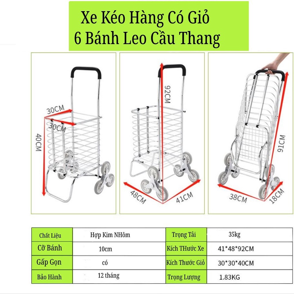 Xe Kéo Hàng Đi Chợ Gấp Gọn Cao Cấp Có Giỏ Hàng Leo Cầu Thang