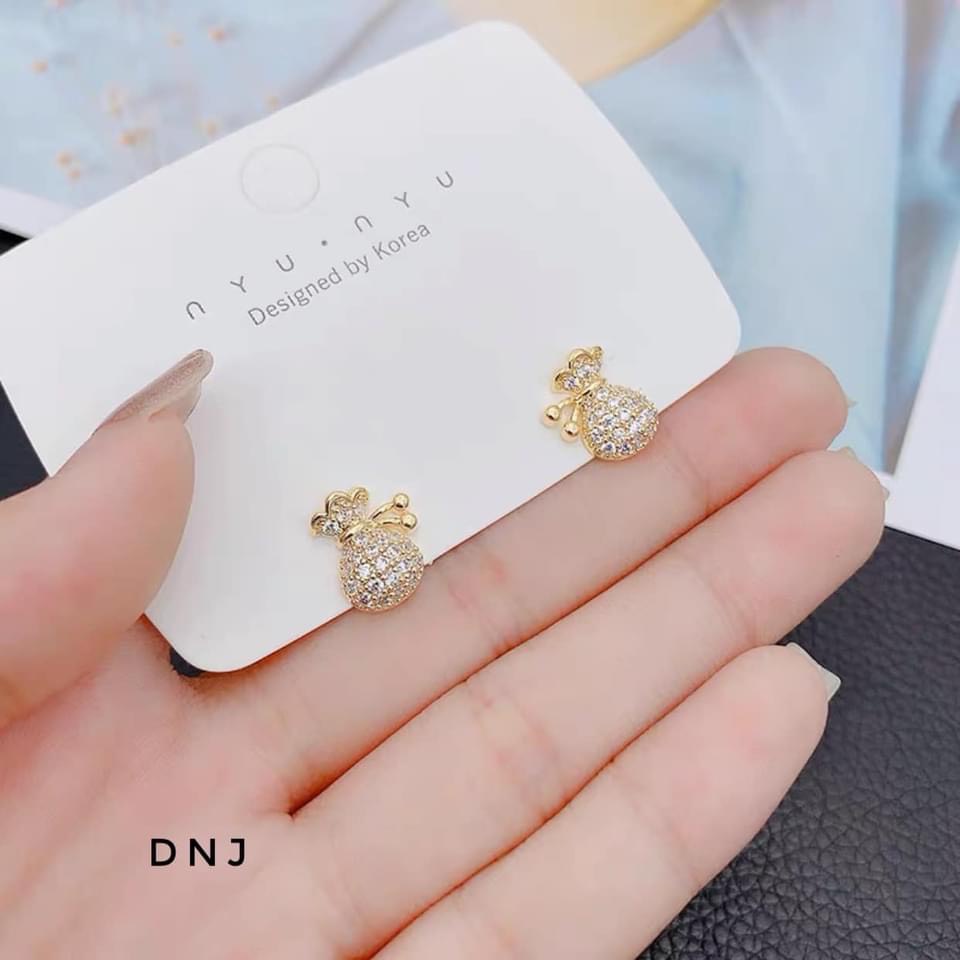 Bông tai nữ bạc thật hình túi tiền đính đá nhỏ xinh LINH MIU SILVER