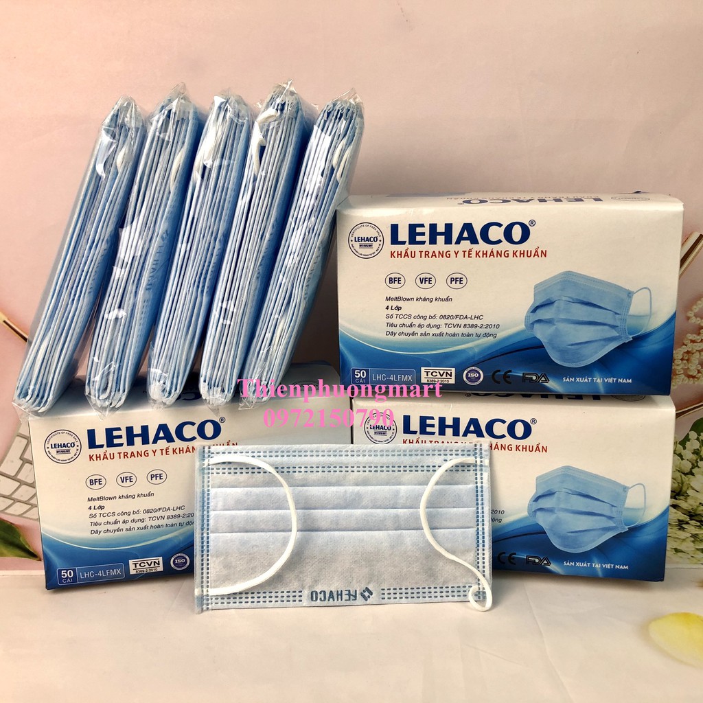 Khẩu trang Y tế Lehaco giấy kháng khuẩn Lehaco Màu Xanh 4 lớp 50 cái/ hộp