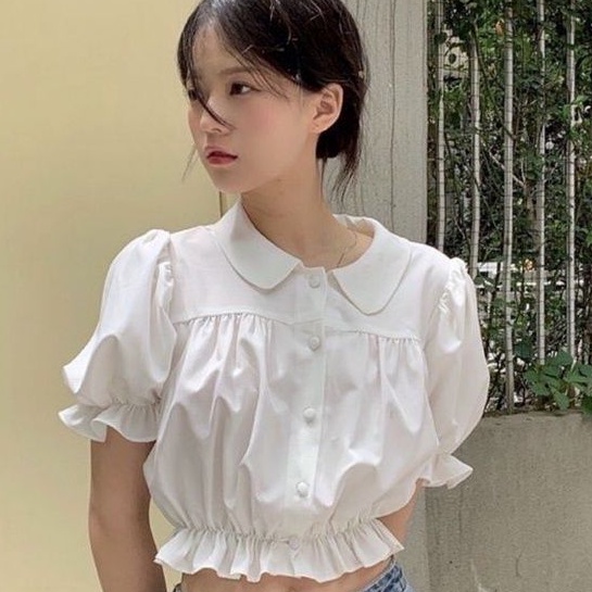 Áo sơ mi bèo cổ sen CROPTOP nút bọc dễ thương PCA❤