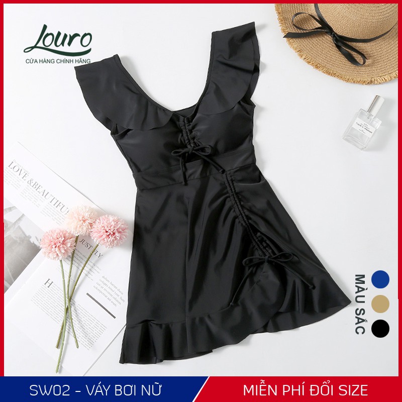 Áo bơi nữ 1 mảnh liền kín đáo Louro, kiểu bikini đi biển tay ngắn chun eo phong cách đồ bơi hàn quốc - SW02