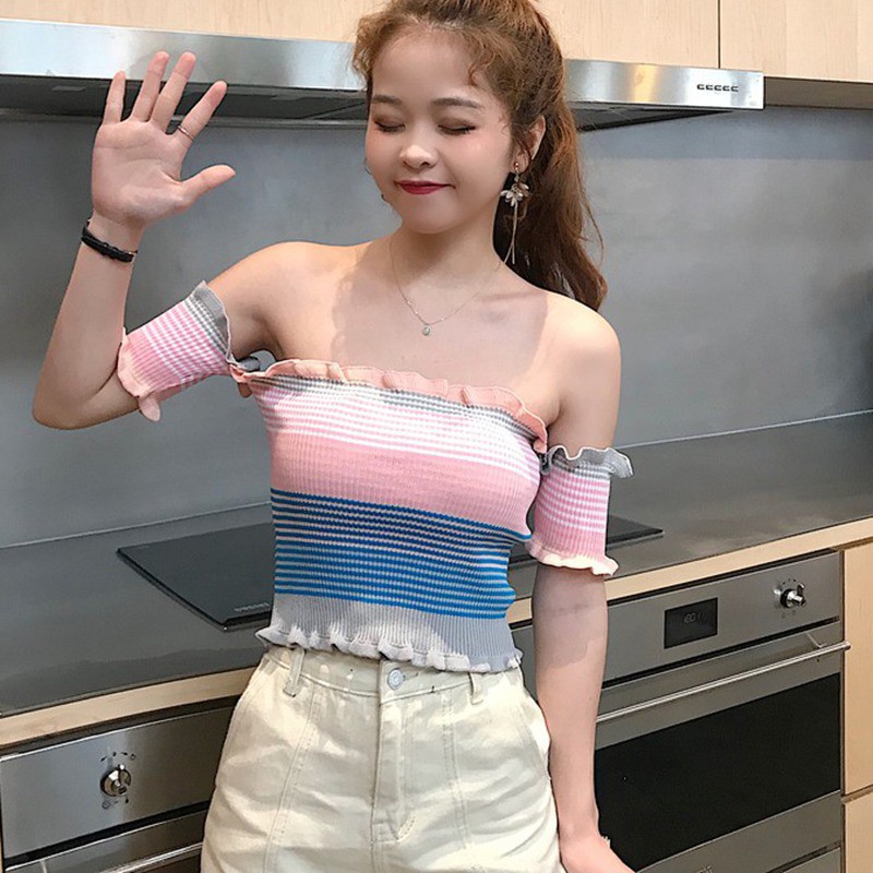 Áo Croptop dệt kim tay ngắn hoạ tiết kẻ sọc cho phái nữ