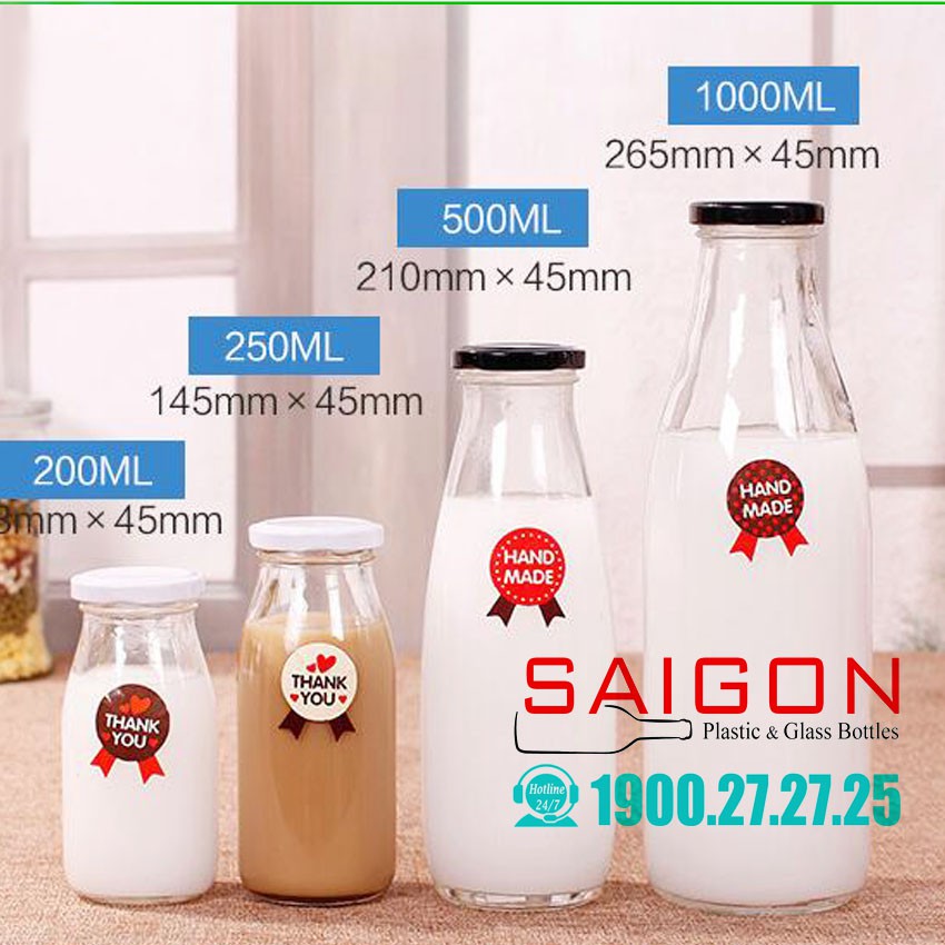 Chai Thủy Tinh CS Nắp Thiết 200ml , 250ml , 300ml | Tùy Chọn Dung Tích , Màu Nắp