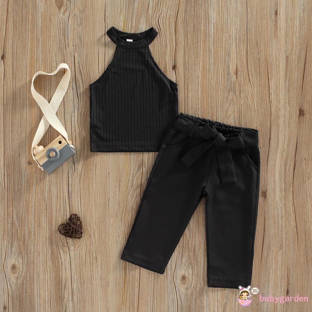 BABYGARDEN-1-6years Baby Girls Two-Piece Outfits, Solid Color Sleeveless Ribbed Mock Neck Tops + Waist Belt Decoration Pockets Trousers