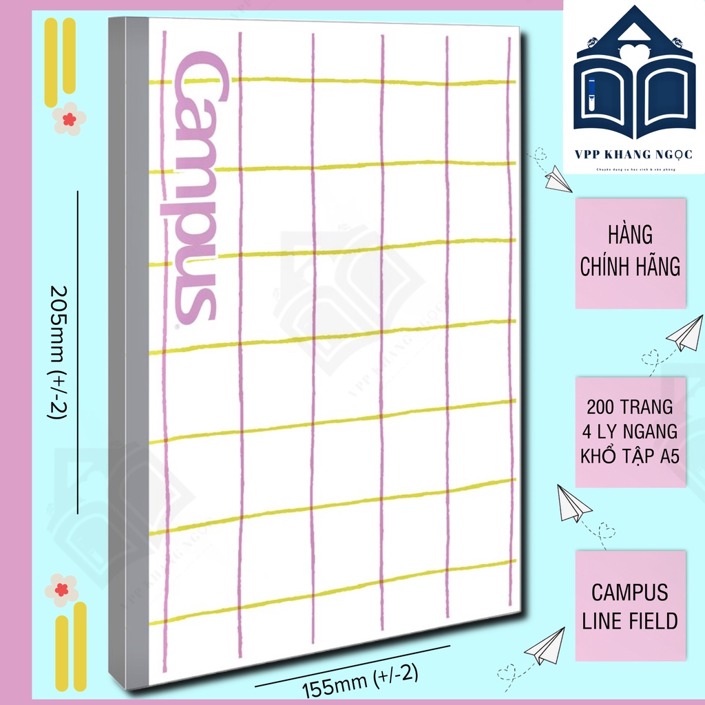 Lốc 5 Tập Vở Campus - Line Field 4 Li Ngang 200 Trang Khổ A5