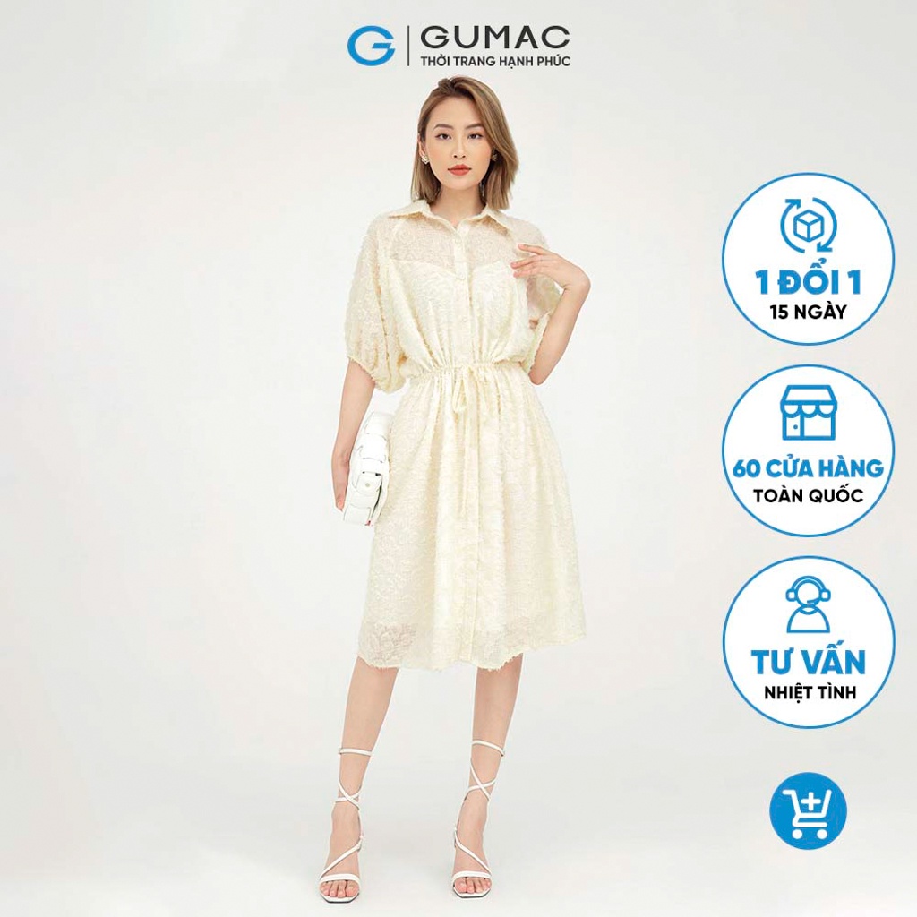 Đầm sơ mi nữ dáng suông chiết eo GUMAC màu vàng vintage DB584