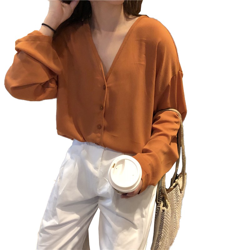 Áo sơ mi kiểu cổ V dài tay màu trơn thanh lịch và sành điệu cho nữ