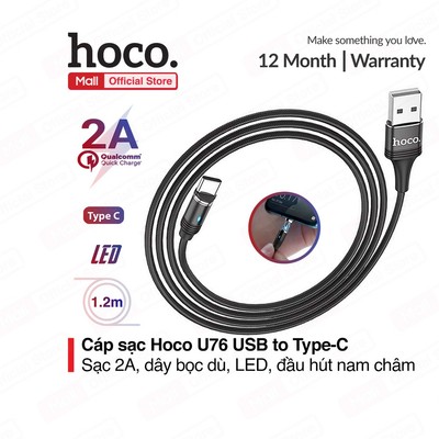 Cáp sạc nam châm Hoco U76 Type-C USB sạc nhanh tối đa 2A,có đèn LED, dây bọc dù, dài 1.2m