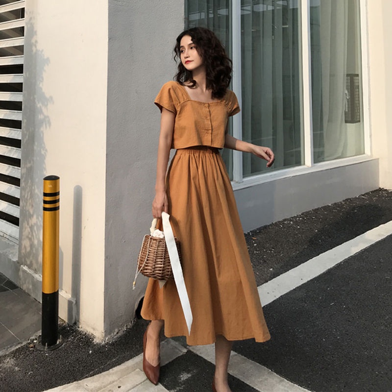 Set áo ngắn tay + chân váy chữ A dài lưng cao thời trang nữ