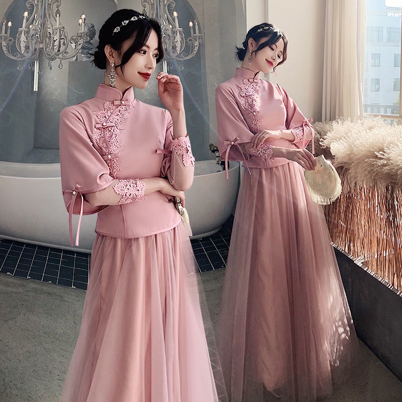 Đầm phù dâu dáng dài kiểu Trung Hoa thanh lịch sành điệu
