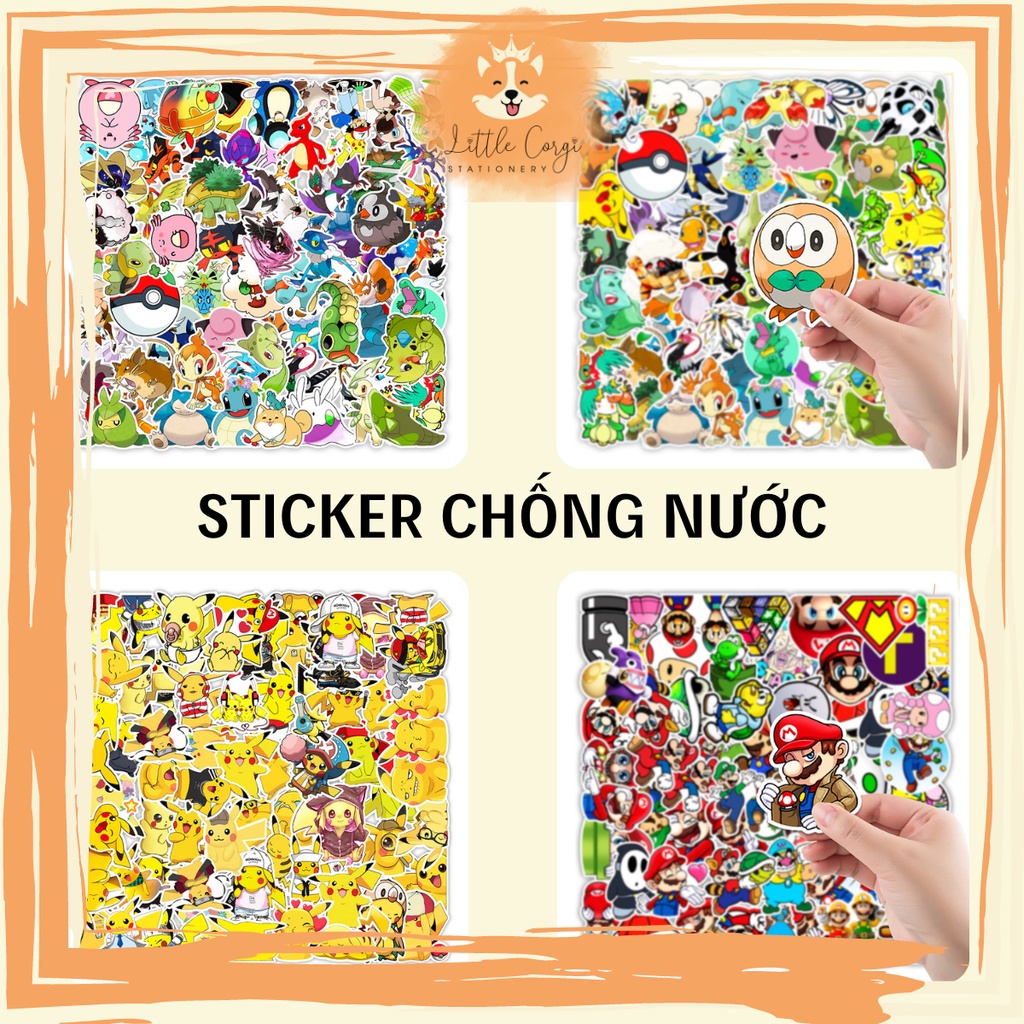 Set 20/50 sticker hình dán Pokemon, Pikachu, Mario chống nước dán sổ tay, mũ bảo hiểm,xe máy, bình nước, vali, ván trượt
