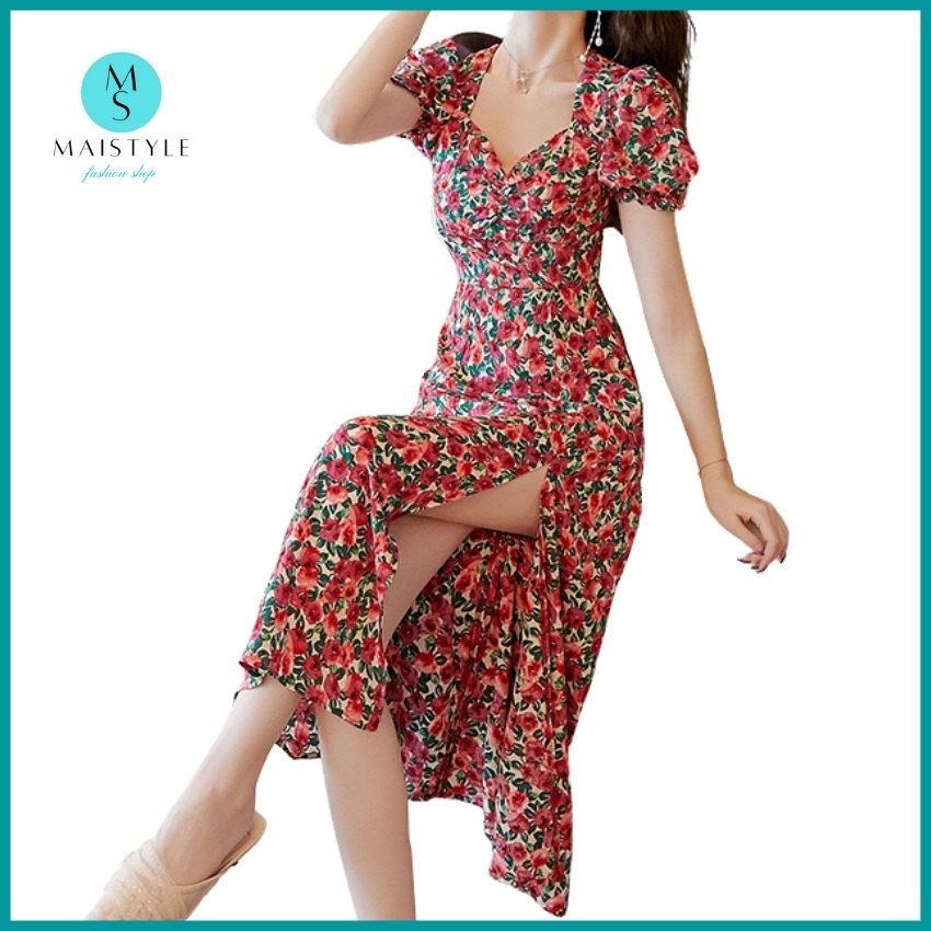 Váy hoa nhí MAISTYLE Đầm hoa nhí vintage dáng dài qua gối tay phồng xẻ tà Đầm voan hoa nhí đẹp thiết kế MY1105 | BigBuy360 - bigbuy360.vn