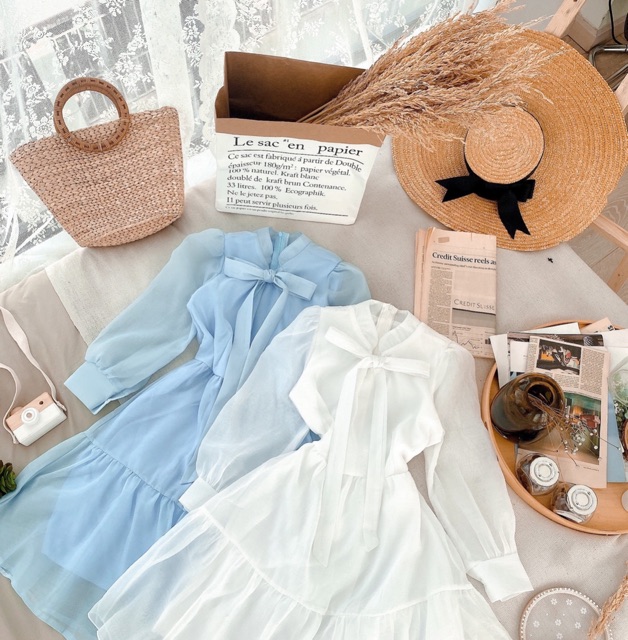 Đầm xoè cổ nơ dài tay xinh xắn 3 màu | BigBuy360 - bigbuy360.vn