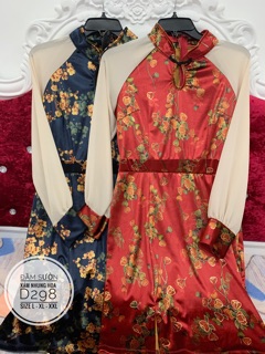 Bigsize Đầm sườn xám nhung hoa D298