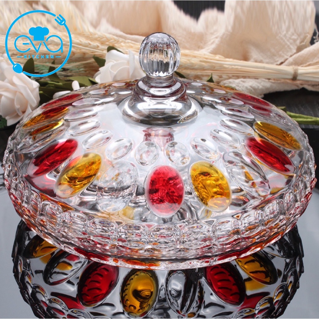 Khay Đựng Mứt Thuỷ Tinh Pha Lê Chia Ngăn Hoạ Tiết Chấm Bi Ánh Vàng Cao Cấp / Thố Mứt Tết 510-9BV M3603