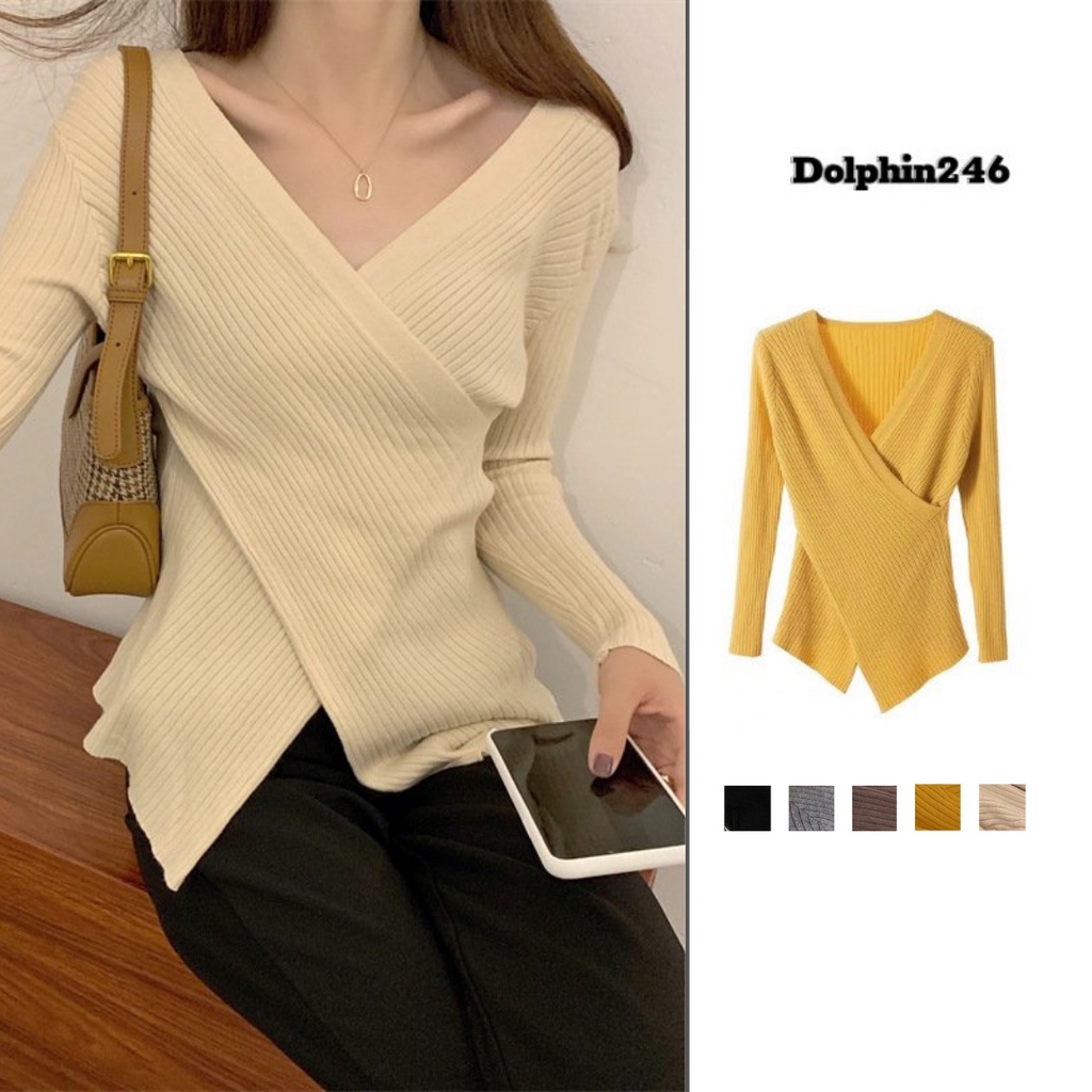 Áo Len Nữ Kiểu Hàn Quốc Trễ Vai Ulzzang hot hit Vạt Chéo Trễ Vai Dài Tay A-13