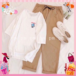 Bộ Đồ Nữ Mặc Đi Chơi Phối Sét Dự Tiệc, Mặc Ở Nhà Mùa Hè, Áo Phông Mang Cotton Kèm Quần Kaki Phong Cách Teen Hàn Quốc