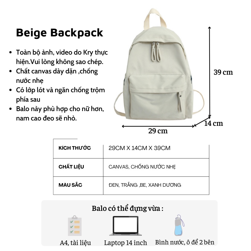 Balo nữ đi học cao cấp BEIGE thời trang chất CANVAS chống nước size 38x30cm BL04