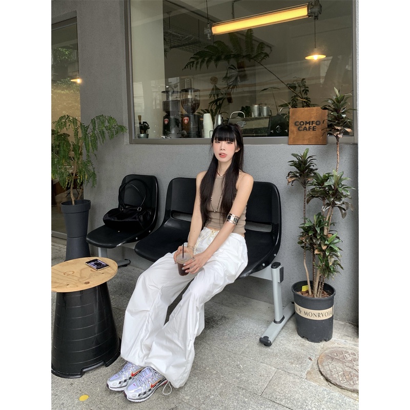 West Coast Quần Yếm Ống Rộng Lưng Thấp Dây Rút Có Túi Lớn Phong Cách Retro Đường Phố Đơn Giản Đi Du Lịch Hàng Có Sẵn