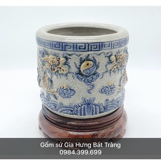 Bộ bát hương men rạn đắp nổi gốm sứ Bát Tràng( kèm chân đế ghỗ hương)