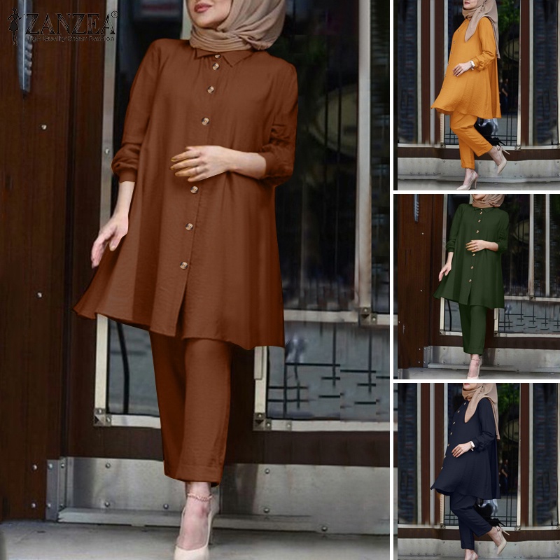 Zanzea Set Quần Dài Và Áo Tay Dài Màu Trơn Thời Trang Cho Phụ Nữ Hồi Giáo